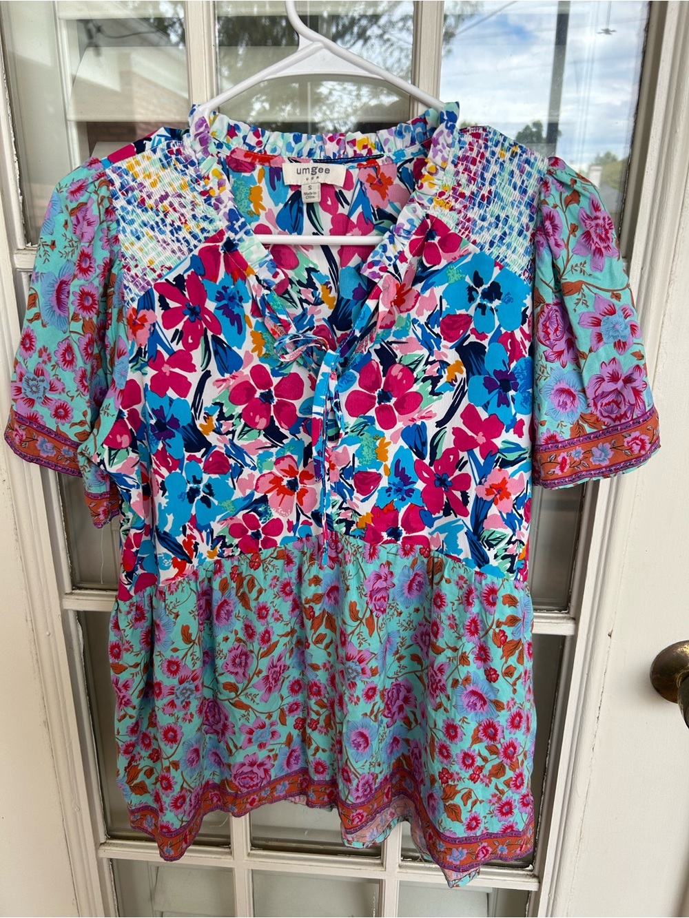 Umgee Floral Mixed-Print Short Sleeve Peasant Top in Aqua & Fuchsia